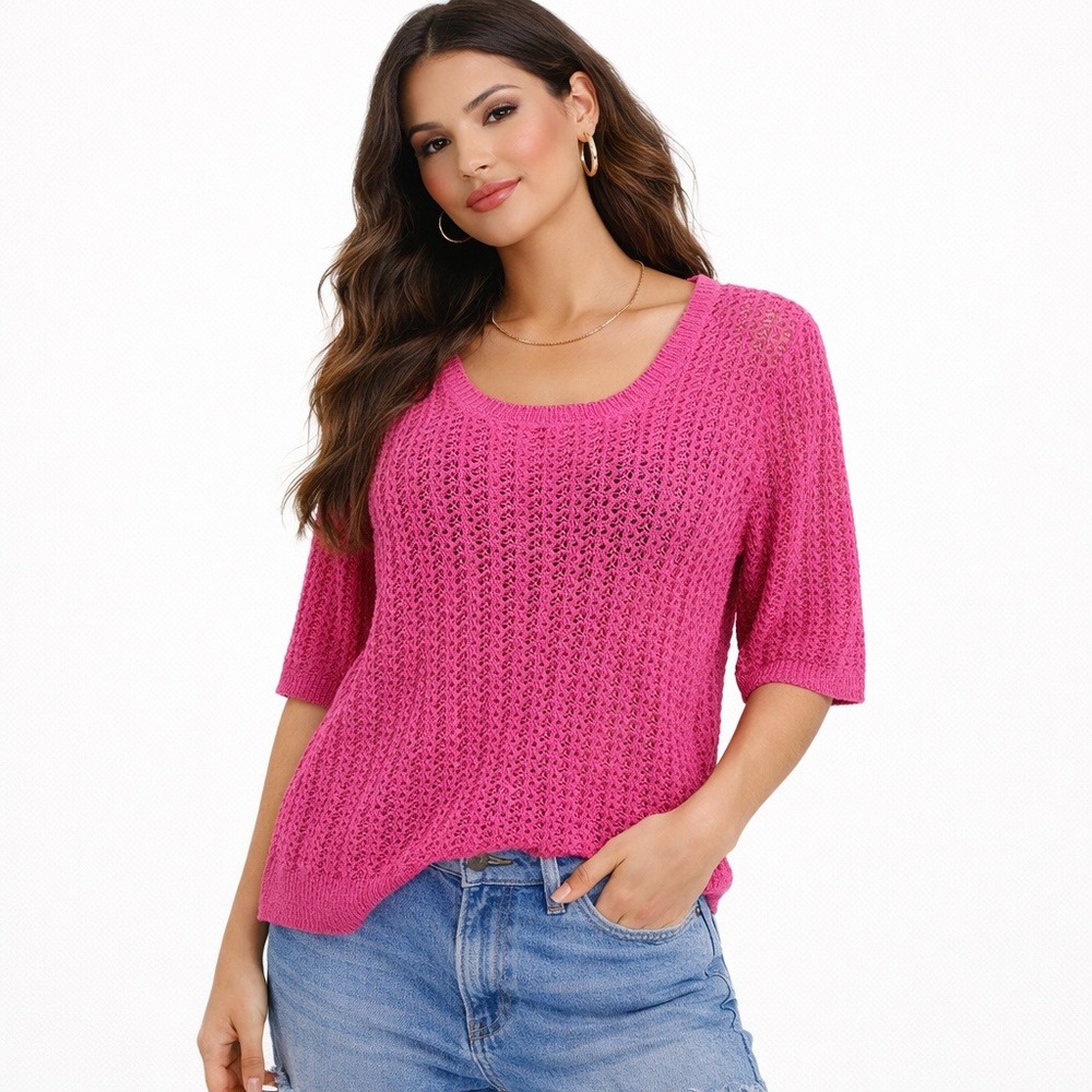 Lauren Ralph Lauren Womens Sweater 90s‎ Pink Knit Scoop Neck Cotton Linen Large